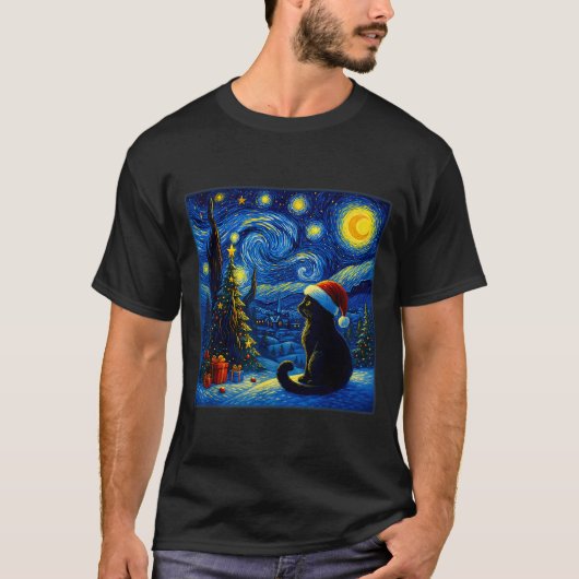 Black Cat Santa Hat Van Gogh Starry Night Christma Tシャツ (正面)