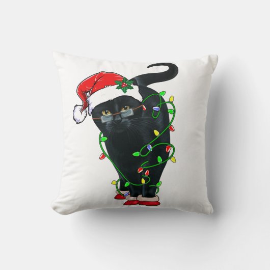 Black Cat Santa Tangled Up In Christmas Lights クッション (正面)