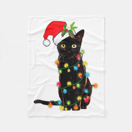 Black Cat Santa Tangled Up In Christmas Lights _1 フリースブランケット (正面)
