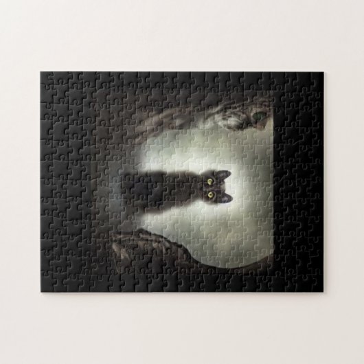 Black cat shadow dark cave by moonlight ジグソーパズル (横)