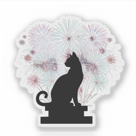 Black Cat Silhouette Artistic Fireworks New Year シール (正面)