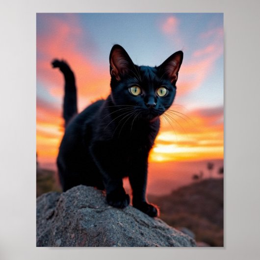 Black Cat Silhouette at Sunset Wall Art ポスター (正面)