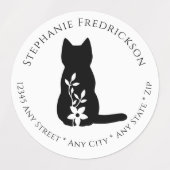 Black Cat Silhouette Floral Botanical Minimalist ラベル (デザイン1)