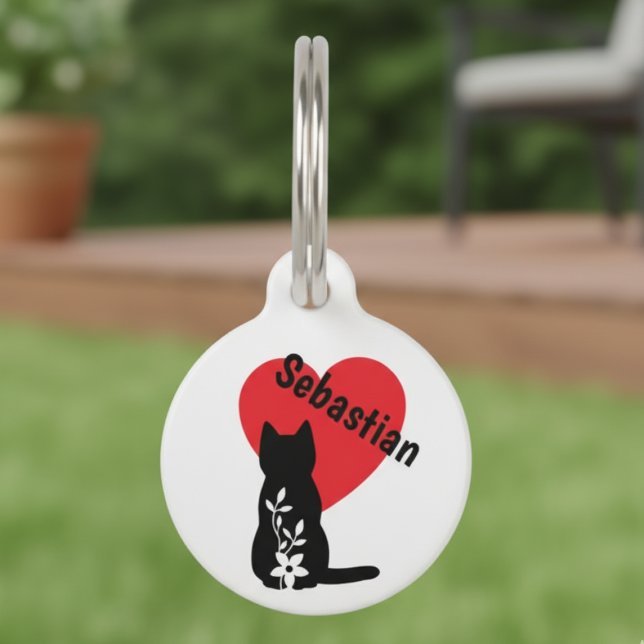Black Cat Silhouette Heart Floral Pet Parent ペット　ネームタグ (Cat ID tag)