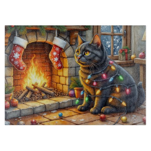 Black Cat Sitting Fireplace with Christmas Lights カッティングボード (正面)