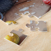 Black Cat Sitting Fireplace with Christmas Lights ジグソーパズル (側面)