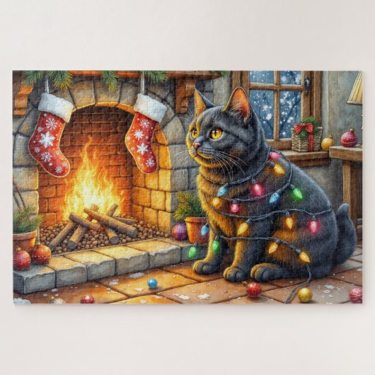 Black Cat Sitting Fireplace with Christmas Lights ジグソーパズル (横)
