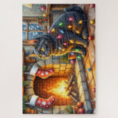 Black Cat Sitting Fireplace with Christmas Lights ジグソーパズル (縦)