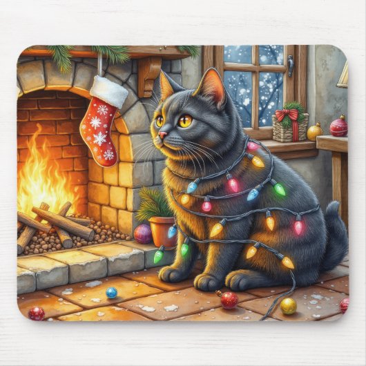 Black Cat Sitting Fireplace with Christmas Lights マウスパッド (正面)