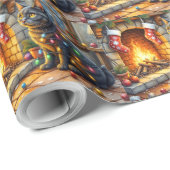 Black Cat Sitting Fireplace with Christmas Lights ラッピングペーパー (ロールコーナー)