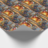 Black Cat Sitting Fireplace with Christmas Lights ラッピングペーパー (角)