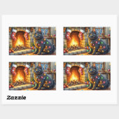 Black Cat Sitting Fireplace with Christmas Lights 長方形シール (シート)