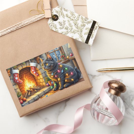 Black Cat Sitting Fireplace with Christmas Lights 長方形シール (ギフト)