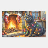Black Cat Sitting Fireplace with Christmas Lights 長方形シール (正面)