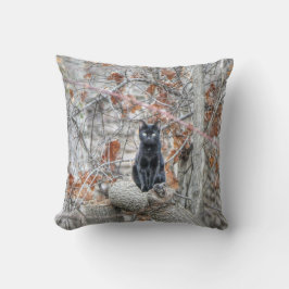 Black Cat Sitting Outdoors クッション