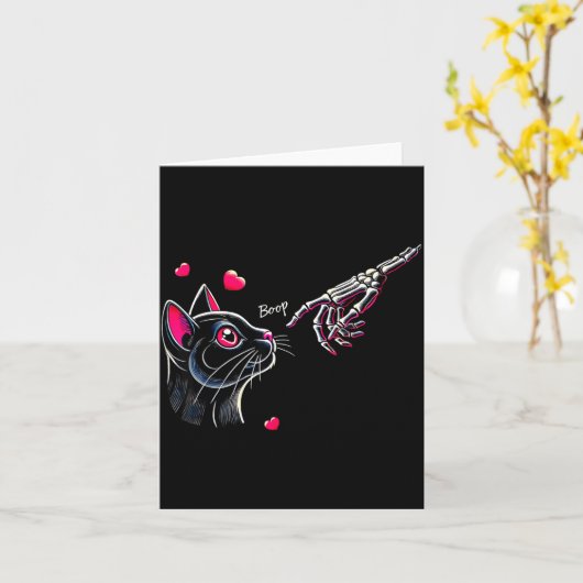 Black Cat Skeleton Hand Boop Valentine's Day Pet O カード (黄色い花)