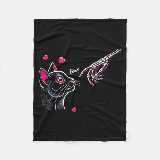 Black Cat Skeleton Hand Boop Valentine's Day Pet O フリースブランケット (正面)