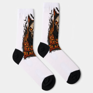 Black Cat Skull Halloween with Jack O Lante ソックス