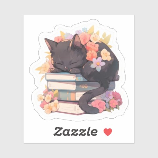 Black Cat Sleeping on Books Sticker, Spring Flowe シール (シート)