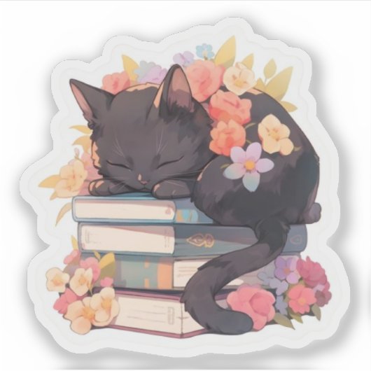 Black Cat Sleeping on Books Sticker, Spring Flowe シール (正面)