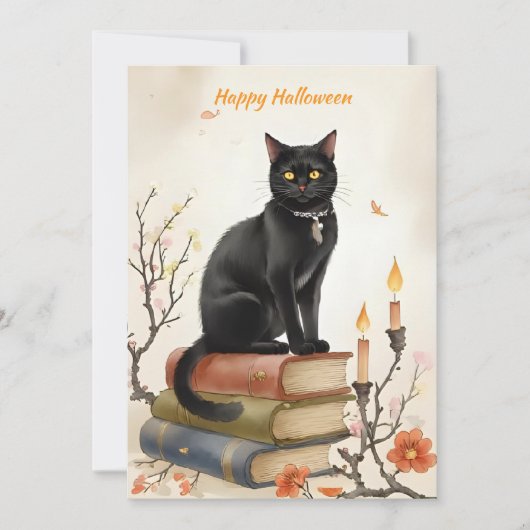 Black Cat & Spell Books Watercolor Halloween シーズンカード (正面)