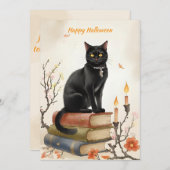 Black Cat & Spell Books Watercolor Halloween シーズンカード (正面/裏面)