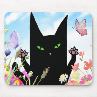 Black Cat Spring Fever: Kitty and Flowers マウスパッド