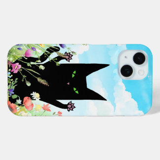 Black Cat Spring Fever: Kitty and Flowers iPhone 15ケース