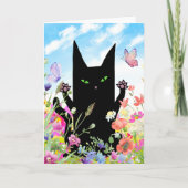 Black Cat Spring Greeting Card: Kitty and Flowers カード (正面)