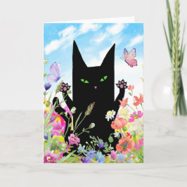 Black Cat Spring Greeting Card:  Kitty and Flowers カード