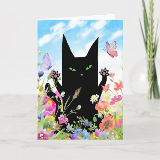 Black Cat Spring Greeting Card: Kitty and Flowers カード