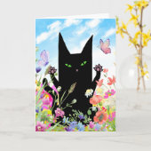 Black Cat Spring Greeting Card: Kitty and Flowers カード (黄色い花)