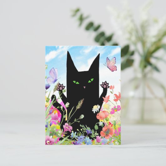 Black Cat Spring Greeting Card:  Kitty and Flowers ポストカード (スタンド正面)