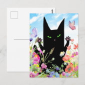 Black Cat Spring Greeting Card:  Kitty and Flowers ポストカード (正面/裏面)