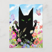 Black Cat Spring Greeting Card:  Kitty and Flowers ポストカード (正面)