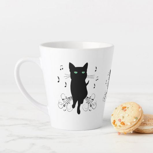 Black Cat Surrounded by Whispering Notes of Music カフェラテマグ (インサイチュ)