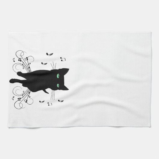 Black Cat Surrounded by Whispering Notes of Music キッチンタオル (横)