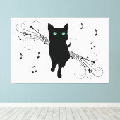 Black Cat Surrounded by Whispering Notes of Music キャンバスプリント (インサイチュ (ウッドフロア))