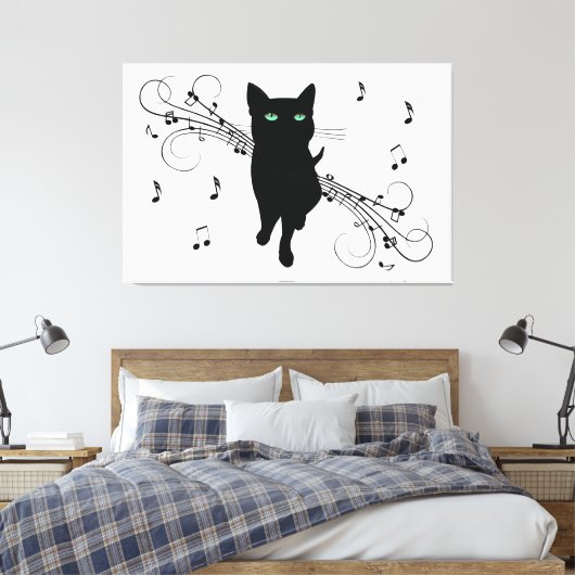 Black Cat Surrounded by Whispering Notes of Music キャンバスプリント (インサイチュ (寝室))