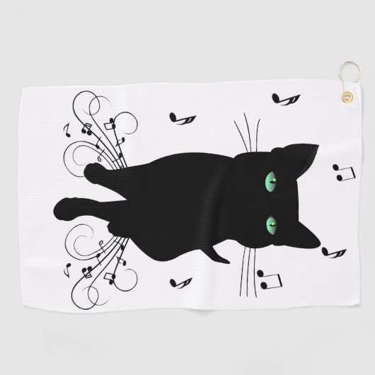Black Cat Surrounded by Whispering Notes of Music ゴルフタオル (横)