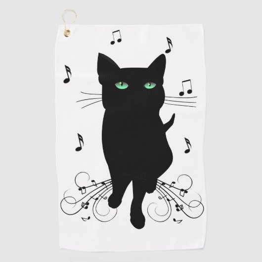 Black Cat Surrounded by Whispering Notes of Music ゴルフタオル (正面)