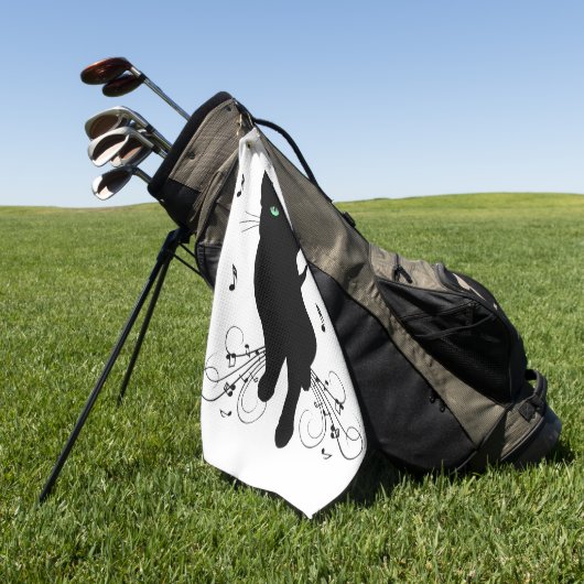 Black Cat Surrounded by Whispering Notes of Music ゴルフタオル (グリーン)