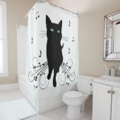 Black Cat Surrounded by Whispering Notes of Music シャワーカーテン (インサイチュ)