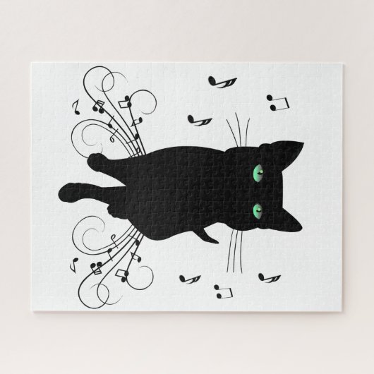 Black Cat Surrounded by Whispering Notes of Music ジグソーパズル (横)