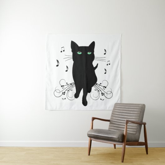Black Cat Surrounded by Whispering Notes of Music タペストリー (インサイチュ)