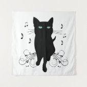 Black Cat Surrounded by Whispering Notes of Music タペストリー (正面)