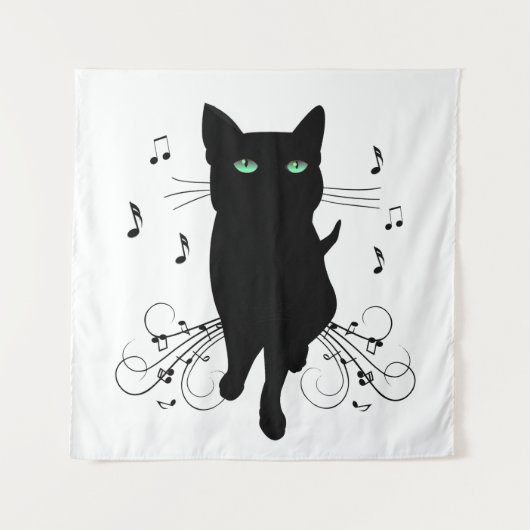 Black Cat Surrounded by Whispering Notes of Music タペストリー (正面)