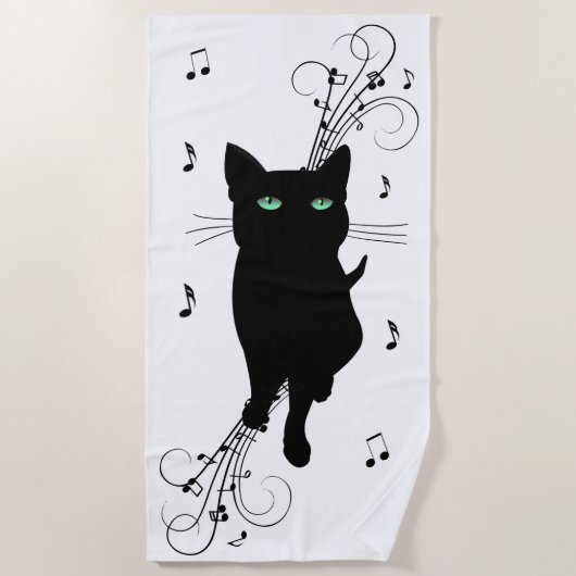 Black Cat Surrounded by Whispering Notes of Music ビーチタオル (正面)