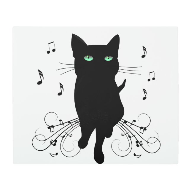 Black Cat Surrounded by Whispering Notes of Music メタルプリント (正面)