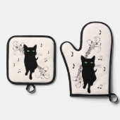 Black Cat Surrounded by Whispering Notes of Music 鍋つかみ&鍋敷きセット (正面)